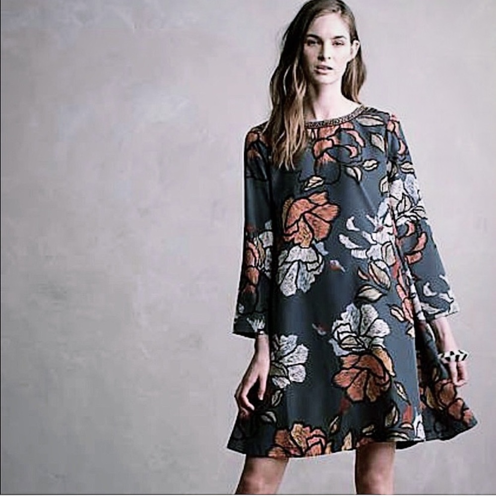 Anthropologie Floral Midi Dress - Gray and Orange